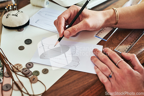 Image of Woman, hands and fashion design drawing for planning, idea or sketching on office desk above. Hand of creative female person, artist or graphic designer for clothing sketch, ideas or startup on table