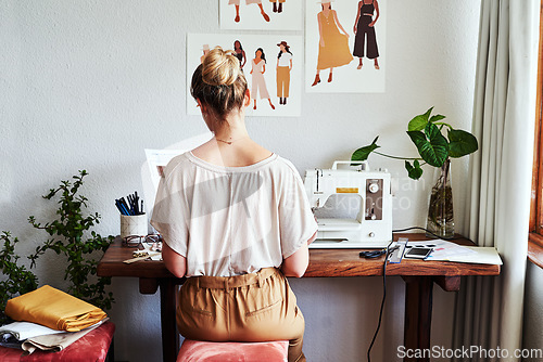 Image of Fashion, design and back of woman at sewing machine in small business, creative ideas and focus in studio. Creativity, sustainable startup and designer, tailor or young entrepreneur working at table.