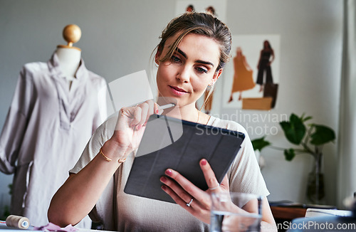 Image of Fashion, ideas and thinking, woman with tablet and mannequin at small business with creative process in studio. Creativity, textile and designer working on digital sketch with pattern and drawing.