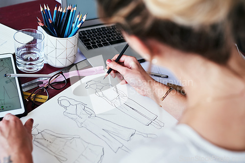 Image of Woman, hands and fashion designer drawing sketch for planning, idea or project on office desk. Hand of creative female person, artist or graphic design sketching clothing ideas for startup on table