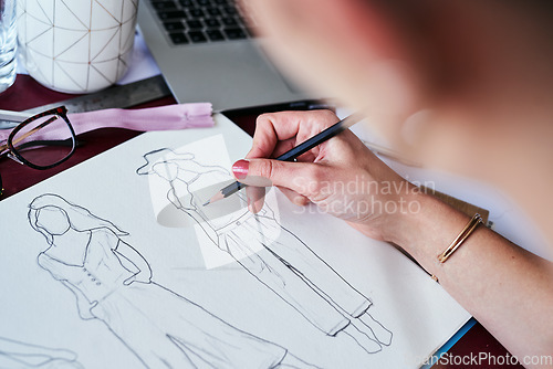 Image of Woman, hands and fashion designer drawing on paper for planning, idea or sketch on office desk. Hand of creative female person, artist or graphic design sketching clothing ideas for startup on table