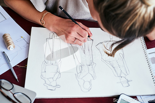 Image of Woman, hands and fashion design drawing on paper for planning, idea or sketching on office desk above. Hand of creative female person, artist or graphic designer for clothing sketch ideas for startup