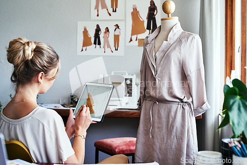 Image of Fashion, woman drawing design on tablet with mannequin, small business ideas and creative process in studio. Creativity, textile and designer working on digital sketch with pattern and illustration.