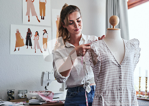 Image of Fashion, mannequin and happy woman with measuring tape, creativity and small business clothing boutique. Happiness, designer or tailor working on dress, design for clothes in creative startup studio.