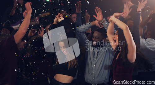 Image of Friends, celebration and dancing in club with glitter, confetti or new years eve party with happiness, crowd and disco. Dance, people and festival with music, energy and cheering for birthday event