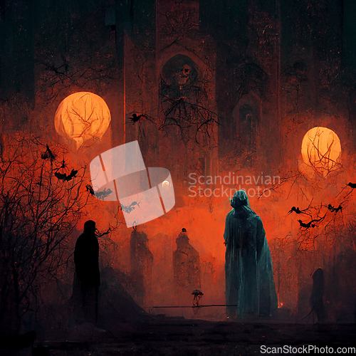 Image of Pumpkins In Graveyard In The Spooky Night - Halloween Backdrop.