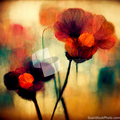 Image of Beautiful poppy field in bright sunlight. Spring flower backgrou