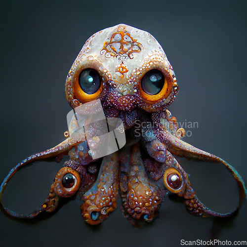 Image of Funny cartoon octopus. Digtal generated illustration. Marine lif