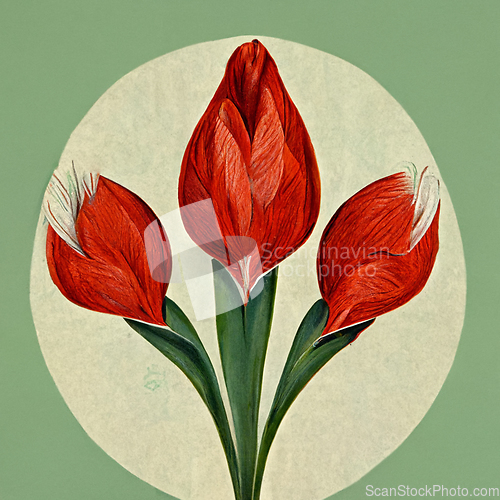 Image of Watercolor red tulip flowers. Digital vintage styled generated i