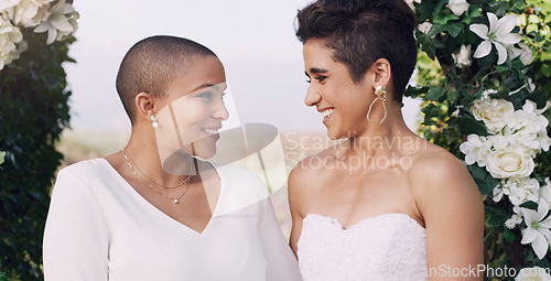 Image of Love, marriage and lgbtq with lesbian couple at wedding for celebration, gay and pride. Smile, spring and happiness with women at ceremony event for partner commitment, queer relationship and freedom