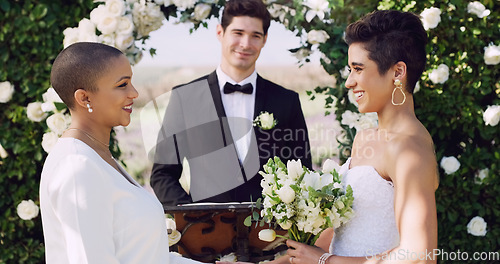 Image of Wedding, vows and lesbian couple making commitment at altar with smile, love and minister for ceremony. Lgbt marriage, celebration and happy woman with bride, diversity and women with lgbtq pride.