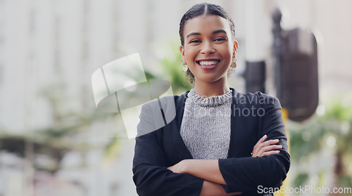 Image of Portrait, city or woman with arms crossed, business or confident girl with happiness, consultant or career. Face, female person or employee with a smile, outdoor or professional with entrepreneurship