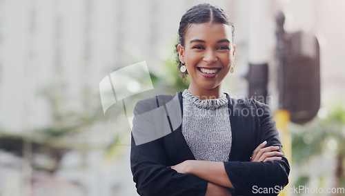 Image of Portrait, business and woman with arms crossed, city and smile with confidence, career and consultant. Face, female person and employee outdoor, professional and skills with happiness or entrepreneur