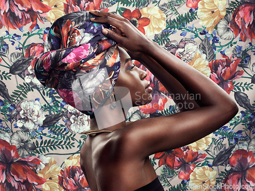 Image of Fashion, beauty and black woman with scarf on flower background with glamour, cosmetics and makeup. Floral pattern, designer and face of female person in exotic jewelry, African style and head turban