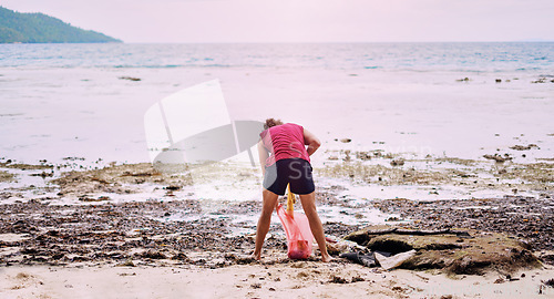 Image of Back, recycling and man on the beach, pollution and environmental sustainability with view. Male person, volunteer or guy with a bag, seaside cleaning or recycle with trash, garbage or climate change