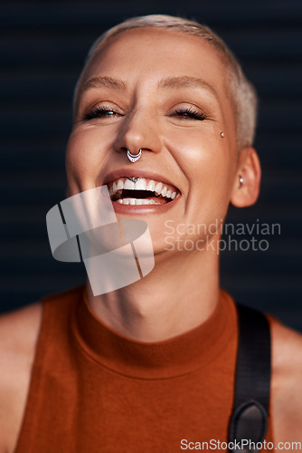 Image of Young woman, laughing and portrait with hipster and gen z fashion with a smile and piercing. Cool style, face and cosmetics of a female person with happiness, confidence and jewelry wearing makeup