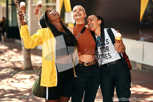 Image of Woman friends, ice cream and street in city with edgy gen z fashion, summer and happiness on travel. Group, young women and students with smile, gelato or dessert on vacation with crazy laughing