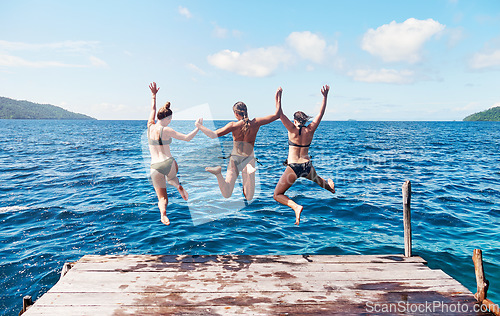 Image of Back, group and women on a pier, jump and beach with vacation, summer getaway or relax. Female people, girls or friends with water, ocean and sea with holiday, lake and travel with freedom and energy