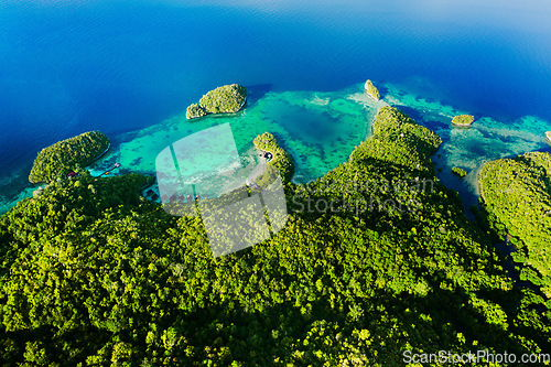 Image of Island, nature and drone view of freedom, travel and explore, travel and trip with zen. Tropical, water and location for tourism, peace and beautiful scenery, earth and summer in Fiji from above