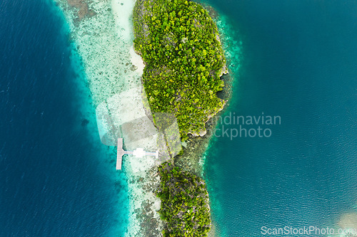 Image of Travel, top view and landscape of island for adventure, holiday and summer vacation in Mauritius. Nature, seascape and aerial drone of destination in tropical water, ocean and traveling on islands