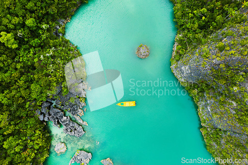 Image of Nature, drone and boat on sea with greenery on a tropical island at summer vacation travel. Environment, lake water and aerial view of outdoor river with forestry mountains and plants in environment.