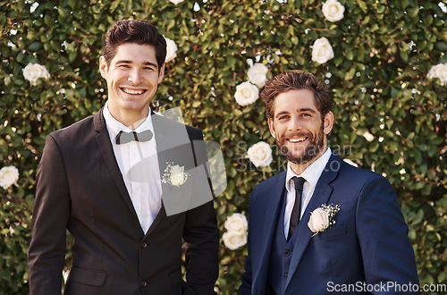 Image of Groom, best man and wedding portrait outdoor with smile and happiness in nature. Happy men together in garden for formal celebration event with elegant clothes, suit and friends on green background