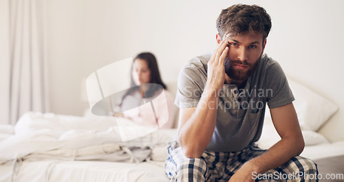 Image of Angry couple, divorce and fight on bed in disagreement, conflict or toxic relationship at home. Upset and frustrated man and woman fighting, breakup or argument from affair or infertility in bedroom