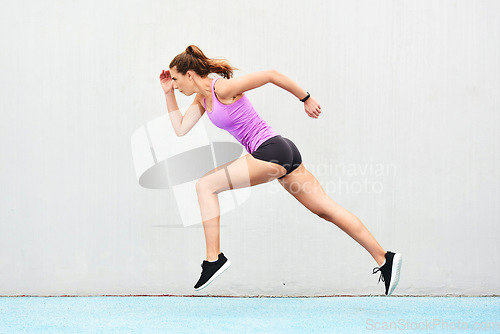 Image of Woman, fitness and running on mockup for exercise, cardio training or healthy workout outdoors. Fit, active and sporty female person or runner exercising for health and wellness on mock up space