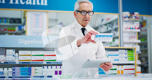 Image of Pharmacist product, tablet and elderly man reading pharmaceutical, pills box or package info. Analysis, pharmacy medicine and male chemist research supplement prescription information for healthcare