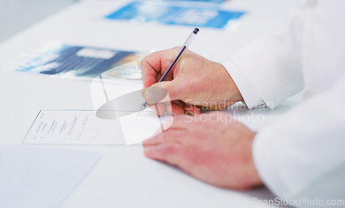 Image of Pharmacy hands, pen and person writing prescription, information or instruction for healthcare service. Hospital retail dispensary, clinic support and pharmacist, chemist or doctor write advice