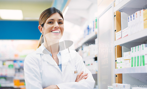 Image of Pharmacy shelf, portrait and happy woman, arms crossed and pharmacist in drugs store, dispensary or retail shop. Hospital commerce store, medicine product and person confident in service clinic