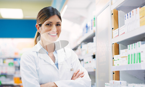 Image of Store shelf, happy woman and pharmacist portrait with crossed arms, pride and chemist in drugs store, clinic or shop. Happiness, pharmacy product and healthcare person confident in pills dispensary