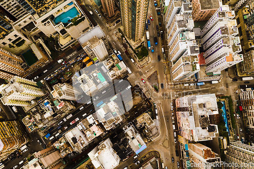 Image of Skyscraper, architecture and aerial view of city buildings in Hong Kong in street. Urban landscape, cityscape building and drone of skyscrapers, infrastructure and property in metropolis of cbd.