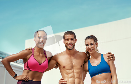 Image of Smile, muscle and portrait of fitness team with blue sky at outdoor gym with fit body goals and friends summer. Workout, exercise and personal trainer man with women, happiness and healthy mindset.