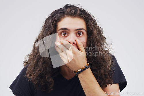 Image of Portrait, mockup and man with surprise, wow and confident guy against a white studio background. Face, male person and model with facial expression, shocked and with omg, emoji and body language