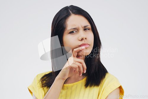 Image of Mockup space, portrait of woman and thinking against a white background. Remember, solution planning for decision and isolated female person face with her problem solving against a studio backdrop.