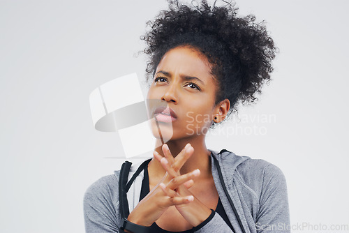 Image of Face, isolated and black woman thinking of fitness, workout idea or doubt planning and health goals. Girl, think or plan decision for training, gym or remember sport ideas on white background