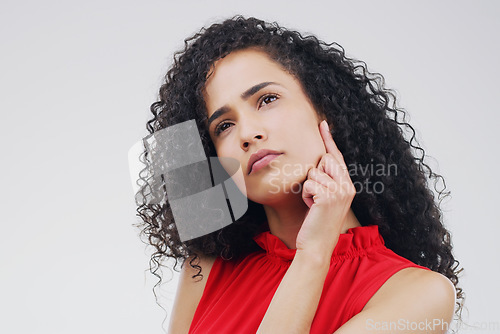 Image of Thinking, confused and woman in studio with decision on mockup, space and white background. Doubt, contemplating and female person wondering, choice and solution, problem solving and puzzled emoji