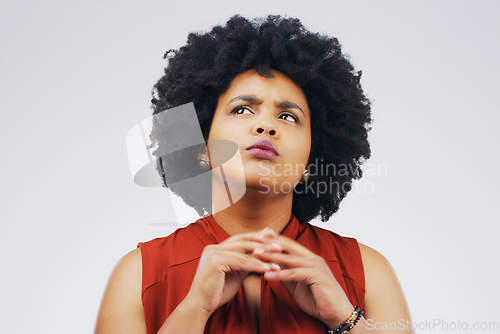 Image of Confused, doubt and woman in studio thinking on mockup, copy space and grey background. Decision, emoji and face of African female person with option, choice and puzzled expression while isolated