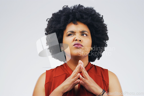 Image of Confused, smirk and woman in studio thinking on mockup, space and white background. Doubt, emoji and face of African female person with option, choice and unsure or suspicious expression isolated