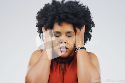 Image of Stress, headache and woman cover ears in studio, white background and problem of noise, anxiety and vertigo. Face, female model and migraine of fear, mental health and scared of trauma, mind and pain