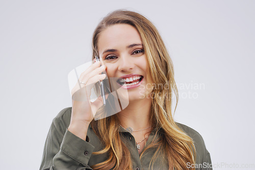 Image of Smile, phone call and portrait of woman talking in studio isolated on a white background. Happy, cellphone and face of female person speaking, discussion or communication, conversation and networking