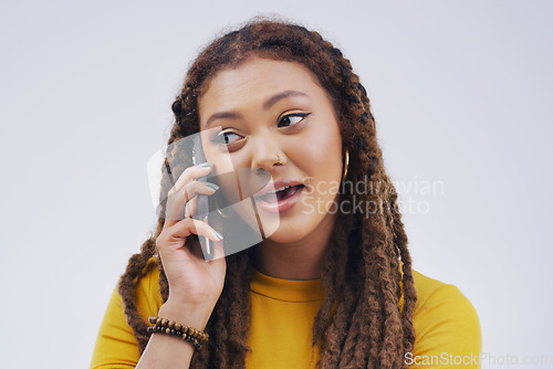 Image of Phone call, chat and woman talking in studio isolated on a white background. Cellphone, conversation and African female person in communication, speaking or discussion, listening or networking online