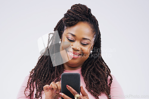 Image of Phone, happy and face of black woman in studio with smile for social media, internet and online chat. Communication, white background and female person on smartphone for website, mobile app and text