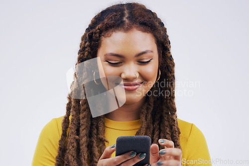 Image of Phone, happy and face of woman on a white background with smile for social media, internet and online chat. Communication, studio and female person on smartphone for website, mobile app and texting