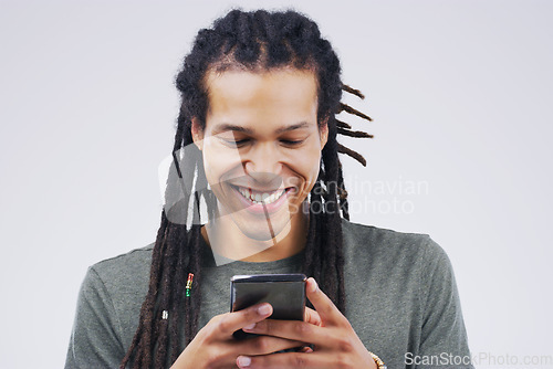 Image of Phone, happy and black man in studio online with smile for social media, internet and chatting. Communication mockup, white background and male person on smartphone for website, mobile app or network