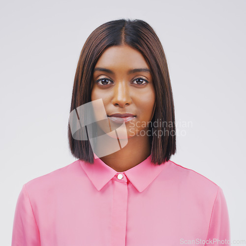 Image of Portrait of real Indian woman, white background and positive mindset in university profile picture of student. Focus, opportunity and education, face of young college girl isolated on studio backdrop