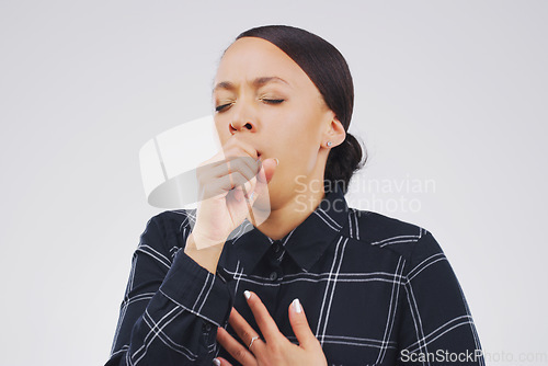 Image of Young woman, cough and studio with virus, covid and sick with breathing problem from asthma. Girl, allergies or tuberculosis with coughing, allergy or pain in lungs with healthcare breathe challenge