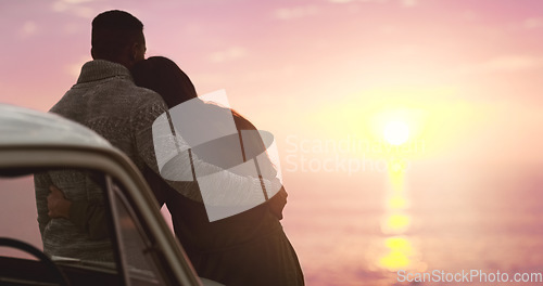 Image of Couple, hug and sunset sky at beach with love on vacation, holiday or adventure. A man and woman on a road trip for marriage, travel journey or date outdoor in nature with freedom and mockup space