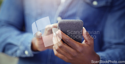 Image of Person, hands and smartphone for social media with communication and technology with internet. People online, scroll mobile app with connectivity and chat, browsing and texting closeup